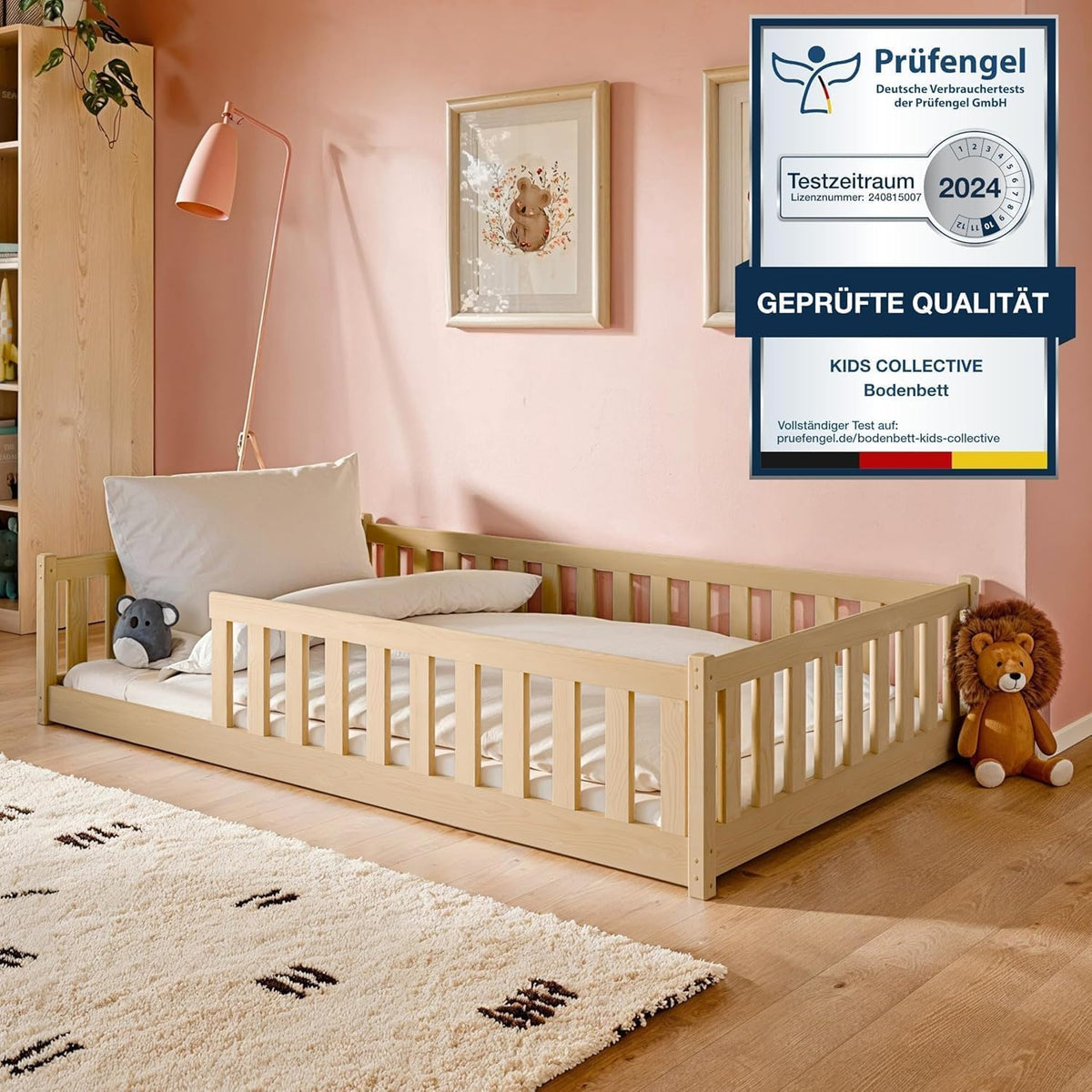 Kids Collective Kinderbett Bodenbett 120x200 cm Bett mit Rausfallschutz & Lattenrost Montessori Bett Bed Gitterbett Kinder Jugendbett Einzelbett | Natur Kiefer Holz massiv Junge Mädchen