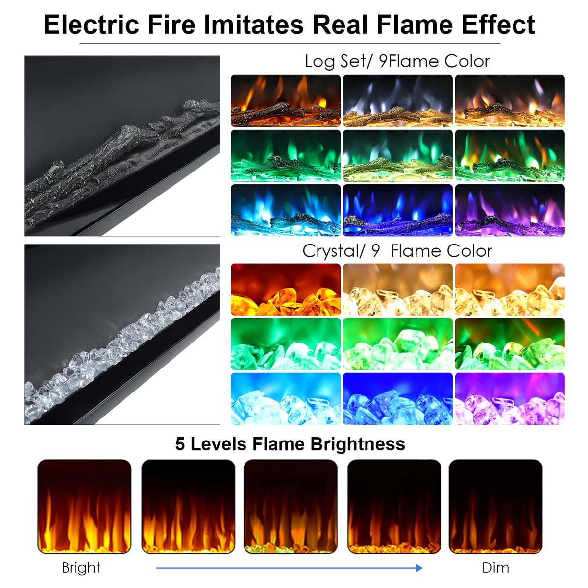INMOZATA Electric Fire Wall Mounted/Recessed/Freestanding