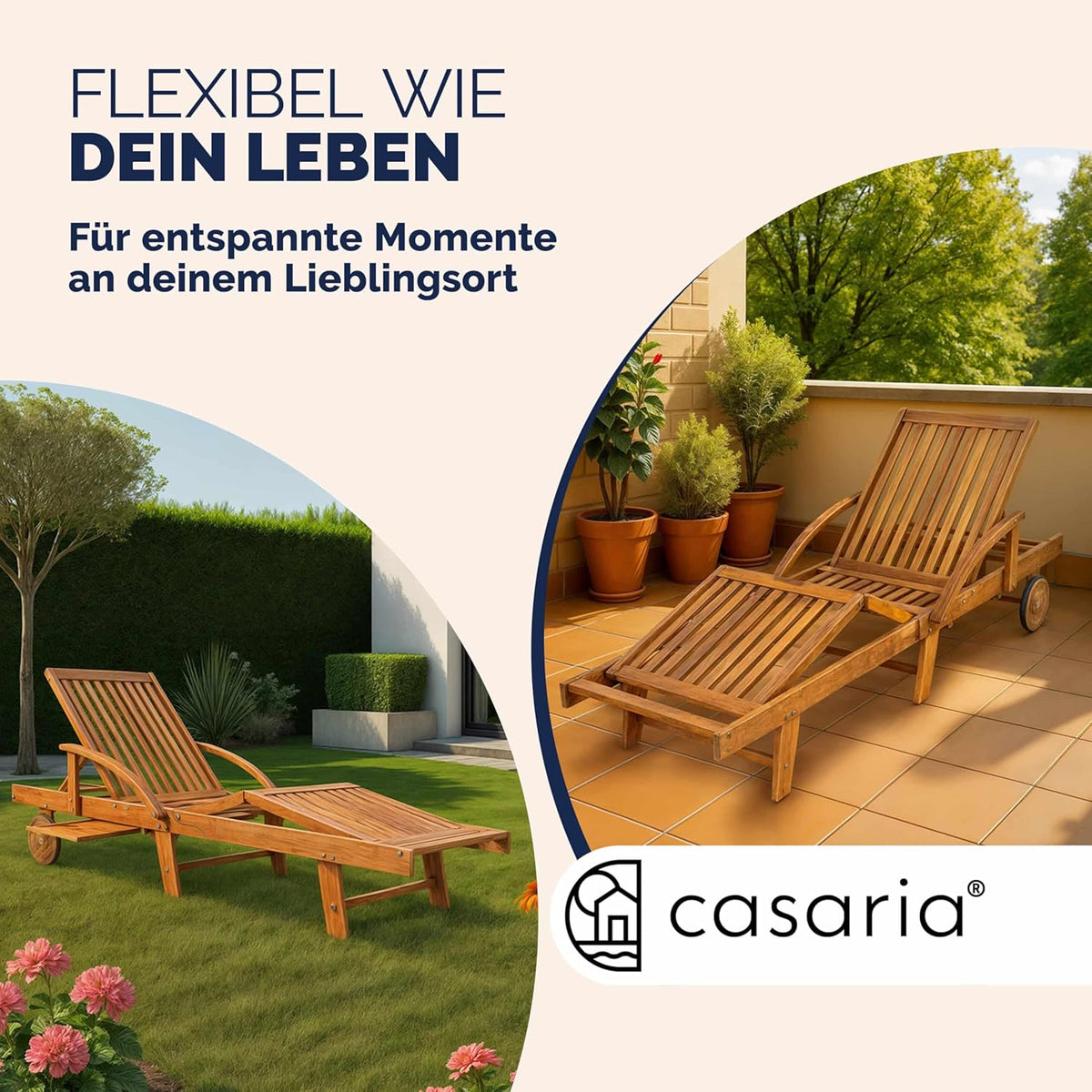 Casaria Sonnenliege 2er Set aus Akazienholz, Braun, klappbare Gartenliege mit Rädern & Ausziehtisch, 195 x 59 cm