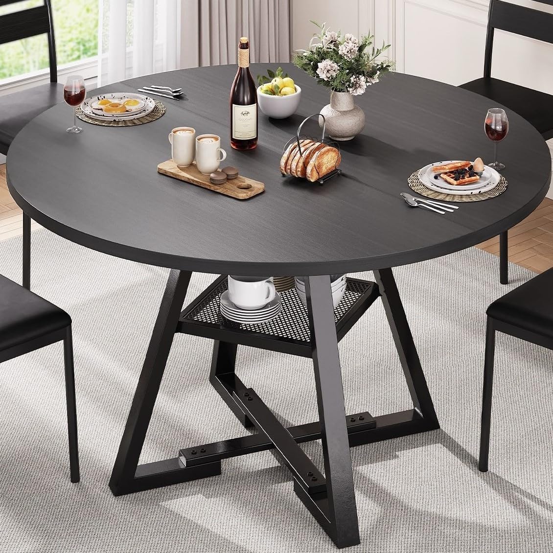 Jocoevol Esstisch Runder für 2–4 Personen, Esszimmertisch mit Ablage, platzsparender Küchentisch aus Holz im Industrial Design (Schwarz, 107x107x76cm)