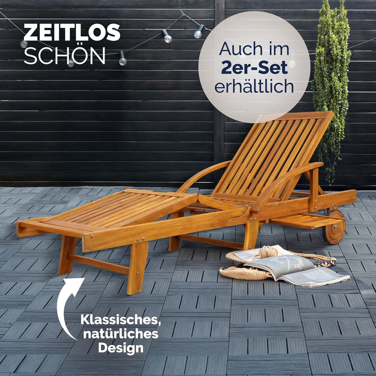 Casaria Sonnenliege 2er Set aus Akazienholz, Braun, klappbare Gartenliege mit Rädern & Ausziehtisch, 195 x 59 cm