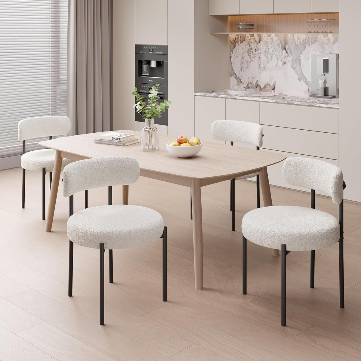 Hawthyhome Esszimmerstühle 4er Set丨Teddy Stoff Runde Boucle Stühle·Mid-Century gepolsterte Küchenstühle·Dining Chairs mit Metallbeinen·Creme Wei߷